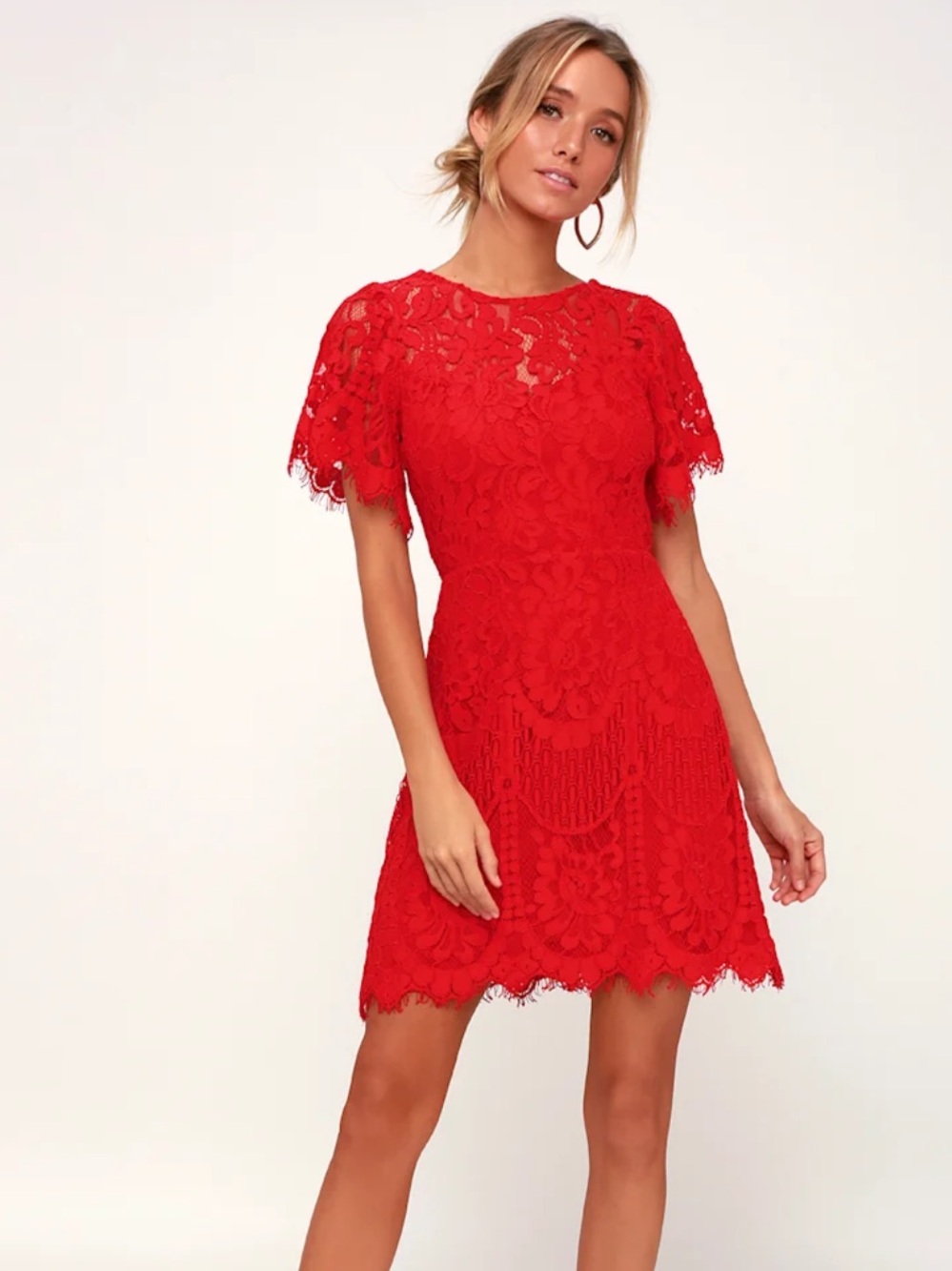 New Lulus Pearson Red Lace Short Sleeve Dress